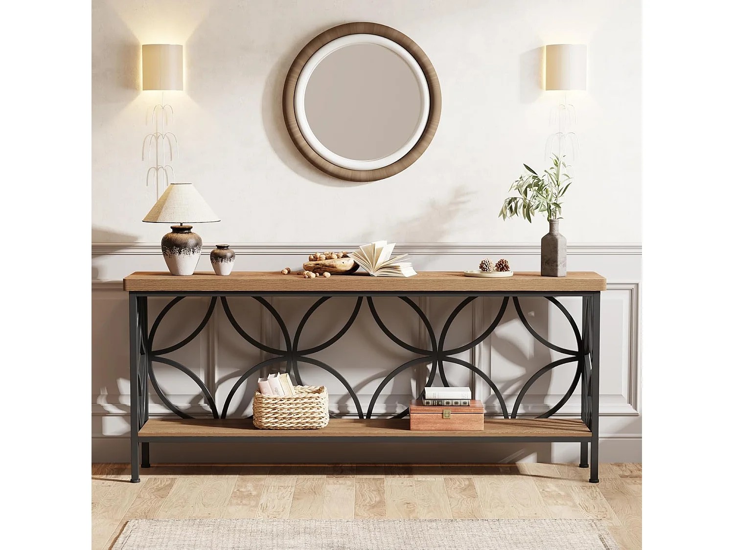 Mesa de Console com Prateleira  Mesa de Sofá Estreita de 160cm  Mesa de Corredor