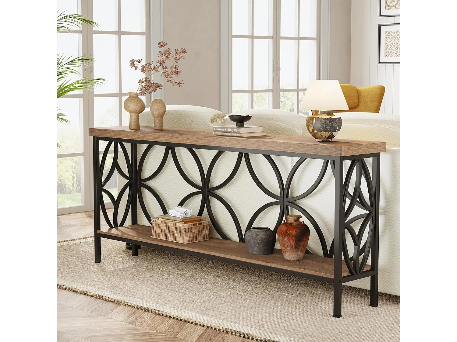 Console avec étagère 160 cm, table d'appoint étroite pour canapé ou entrée