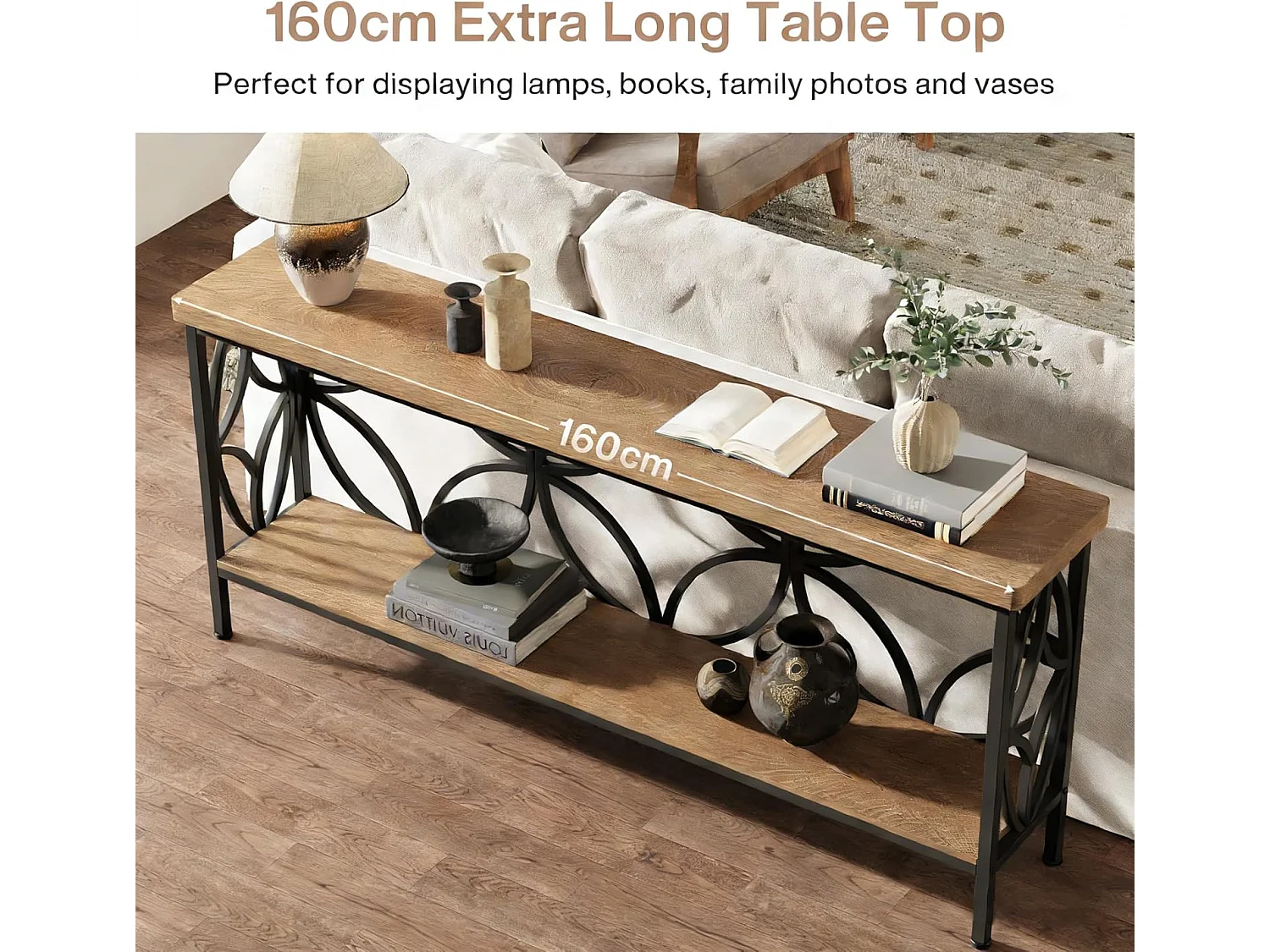 Console avec étagère 160 cm, table d'appoint étroite pour canapé ou entrée