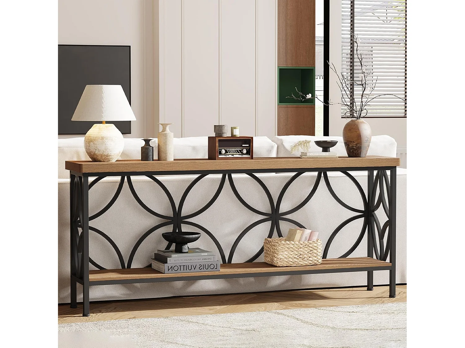 Console avec étagère 160 cm, table d'appoint étroite pour canapé ou entrée