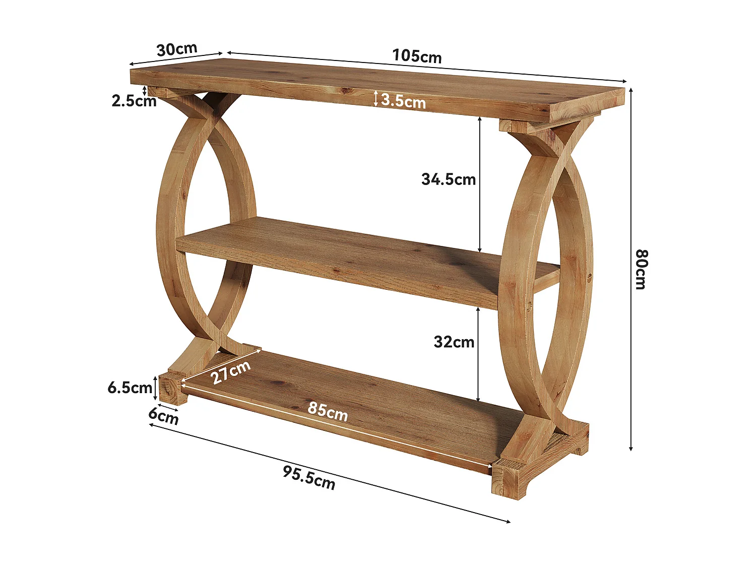 Mesa de Consola de Madeira Sólida para Entrada e Sala de Estar, Mesa de Sofá de Madeira Rústica com Design Lateral em Forma de Cauda de Peixe, 3 Camadas