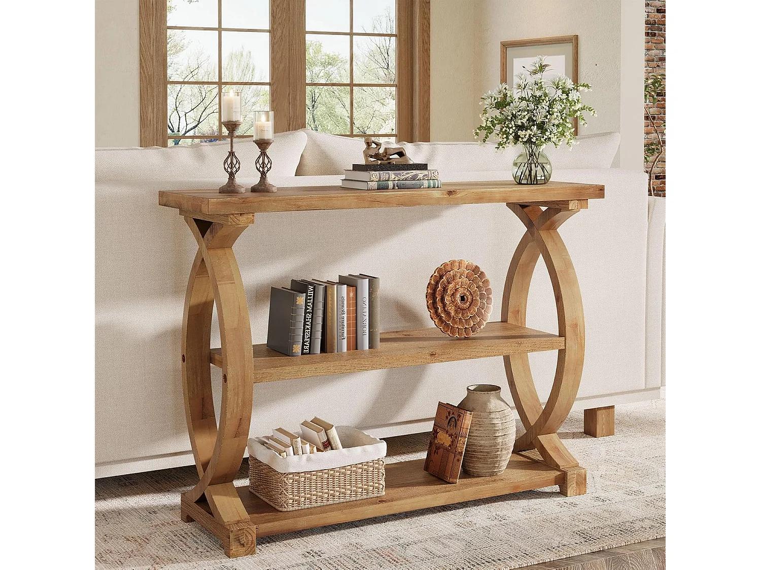 Mesa de Consola de Madeira Sólida para Entrada e Sala de Estar, Mesa de Sofá de Madeira Rústica com Design Lateral em Forma de Cauda de Peixe, 3 Camadas