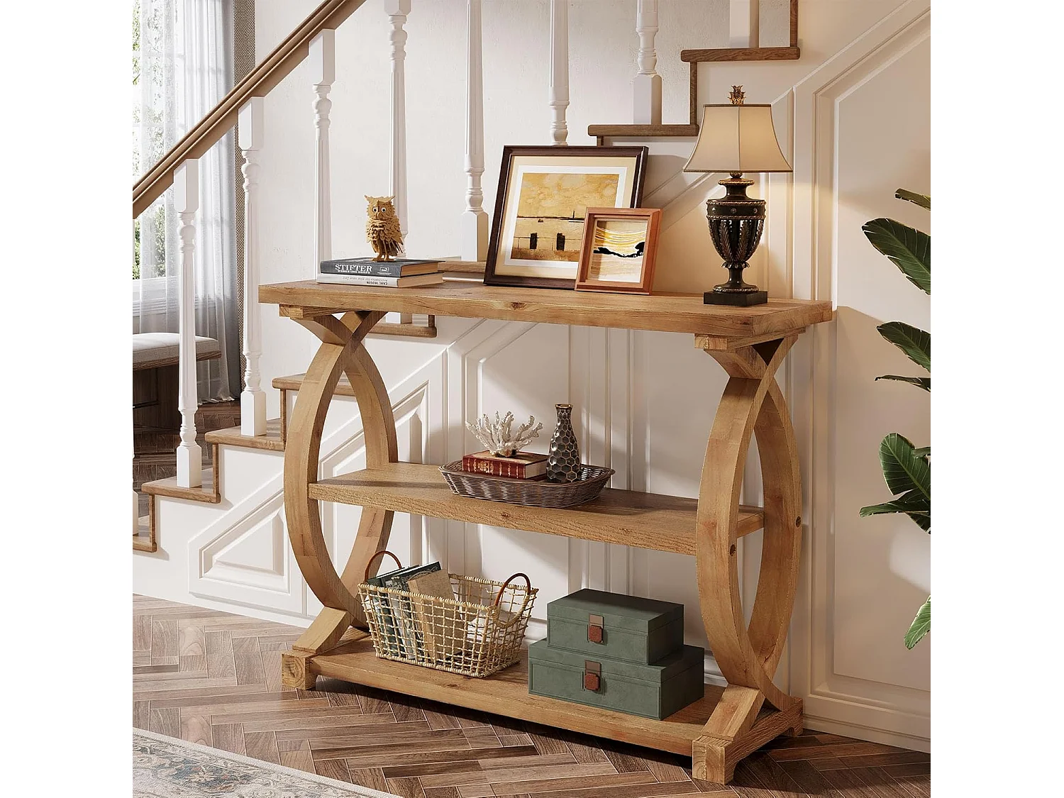 Mesa de Consola de Madeira Sólida para Entrada e Sala de Estar, Mesa de Sofá de Madeira Rústica com Design Lateral em Forma de Cauda de Peixe, 3 Camadas