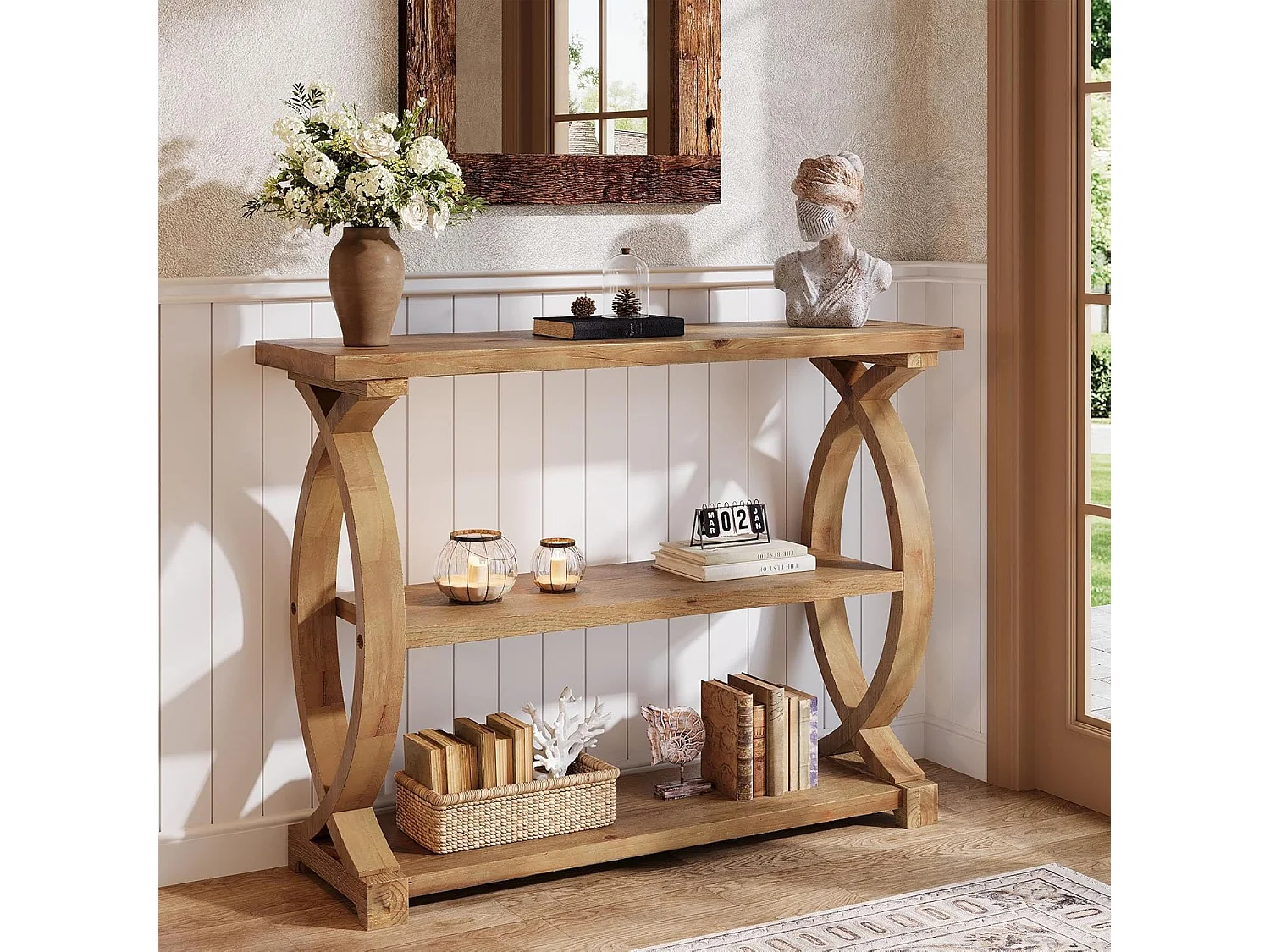 Mesa de Consola de Madeira Sólida para Entrada e Sala de Estar, Mesa de Sofá de Madeira Rústica com Design Lateral em Forma de Cauda de Peixe, 3 Camadas