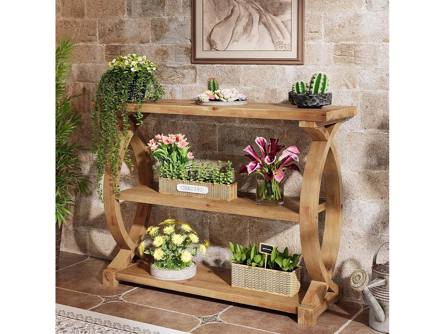 Mesa de Consola de Madeira Sólida para Entrada e Sala de Estar, Mesa de Sofá de Madeira Rústica com Design Lateral em Forma de Cauda de Peixe, 3 Camadas