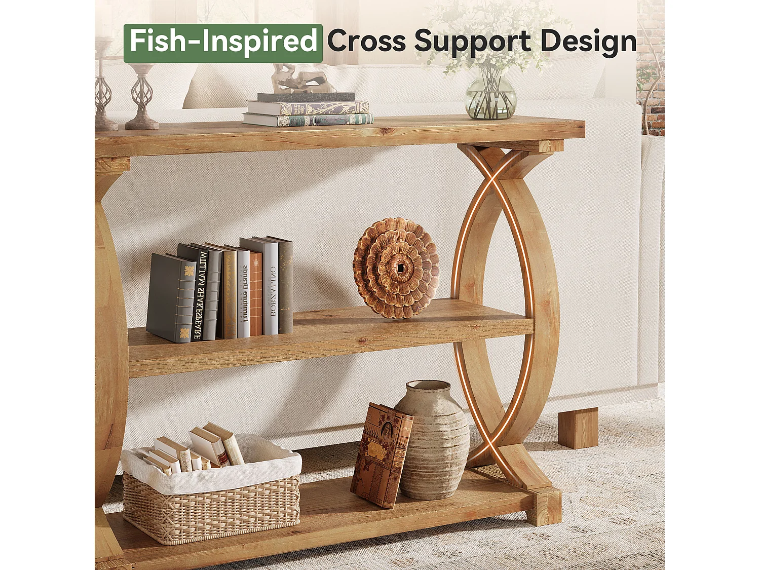 Mesa de Consola de Madeira Sólida para Entrada e Sala de Estar, Mesa de Sofá de Madeira Rústica com Design Lateral em Forma de Cauda de Peixe, 3 Camadas