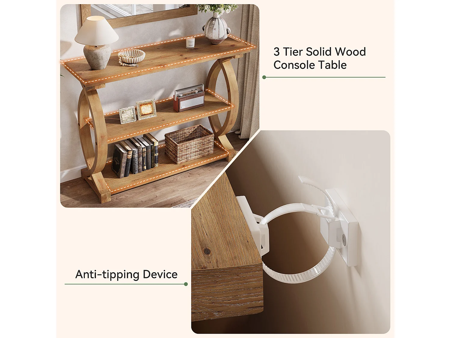 Mesa de Consola de Madeira Sólida para Entrada e Sala de Estar, Mesa de Sofá de Madeira Rústica com Design Lateral em Forma de Cauda de Peixe, 3 Camadas