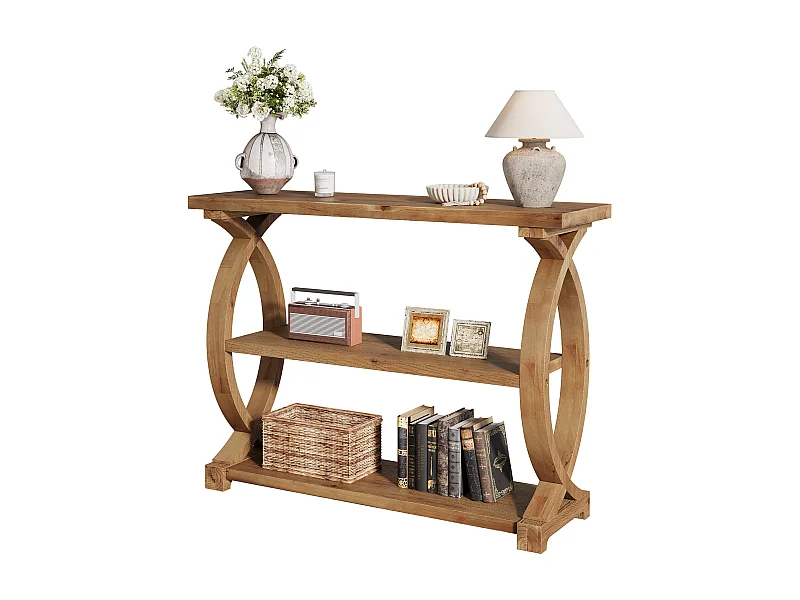 Mesa de Consola de Madeira Sólida para Entrada e Sala de Estar, Mesa de Sofá de Madeira Rústica com Design Lateral em Forma de Cauda de Peixe, 3 Camadas