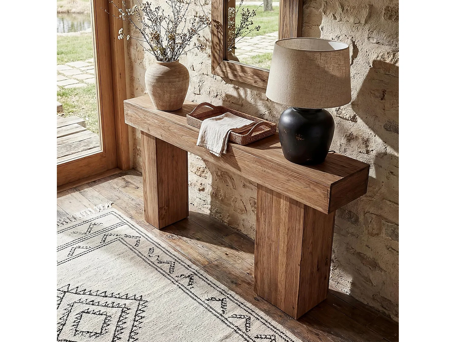 Mesa de Consola de Madeira Sólida, Mesa de Sofá Rural de 160cm Atrás do Sofá com Pernas Artísticas