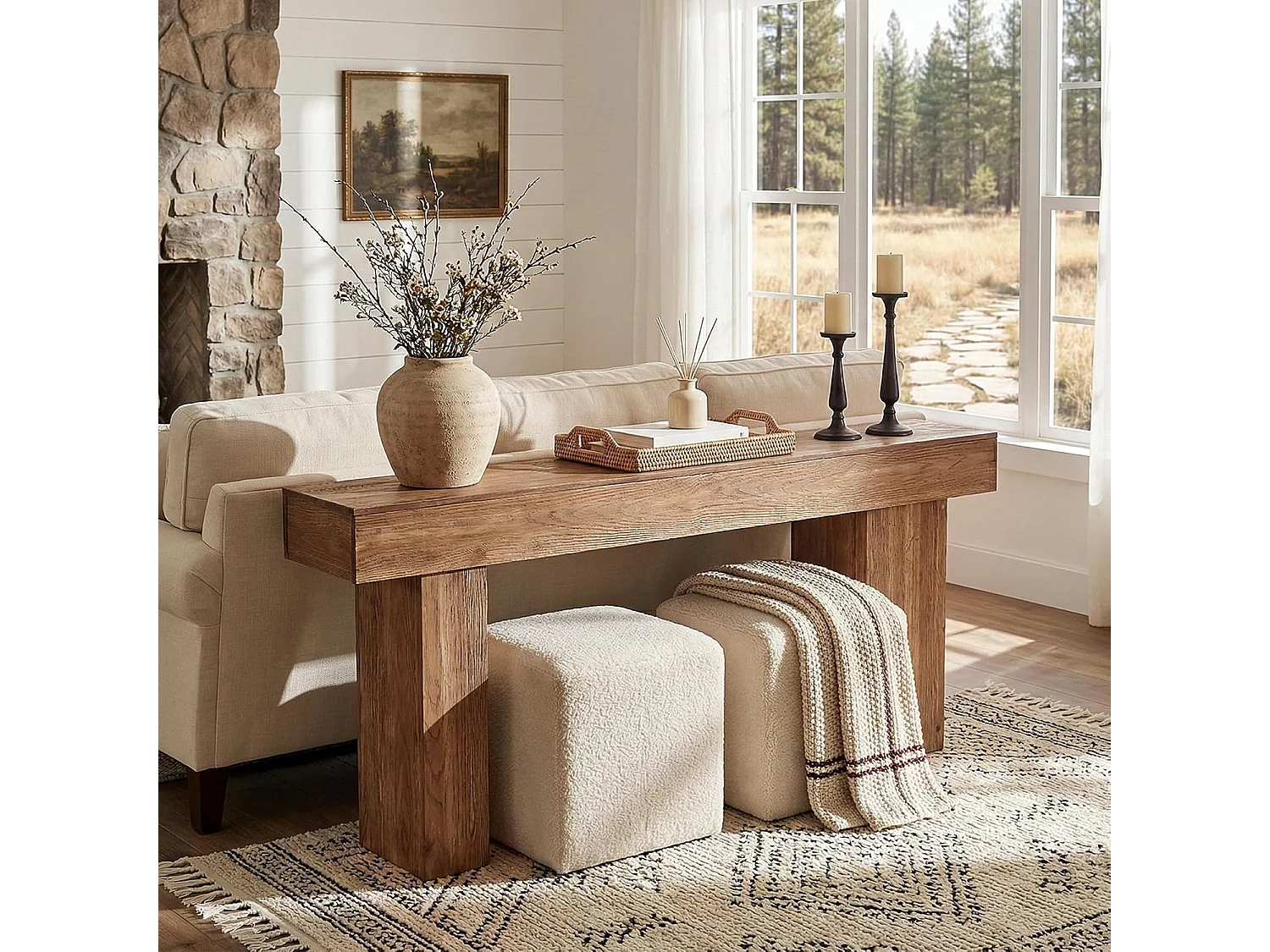 Mesa de Consola de Madeira Sólida, Mesa de Sofá Rural de 160cm Atrás do Sofá com Pernas Artísticas