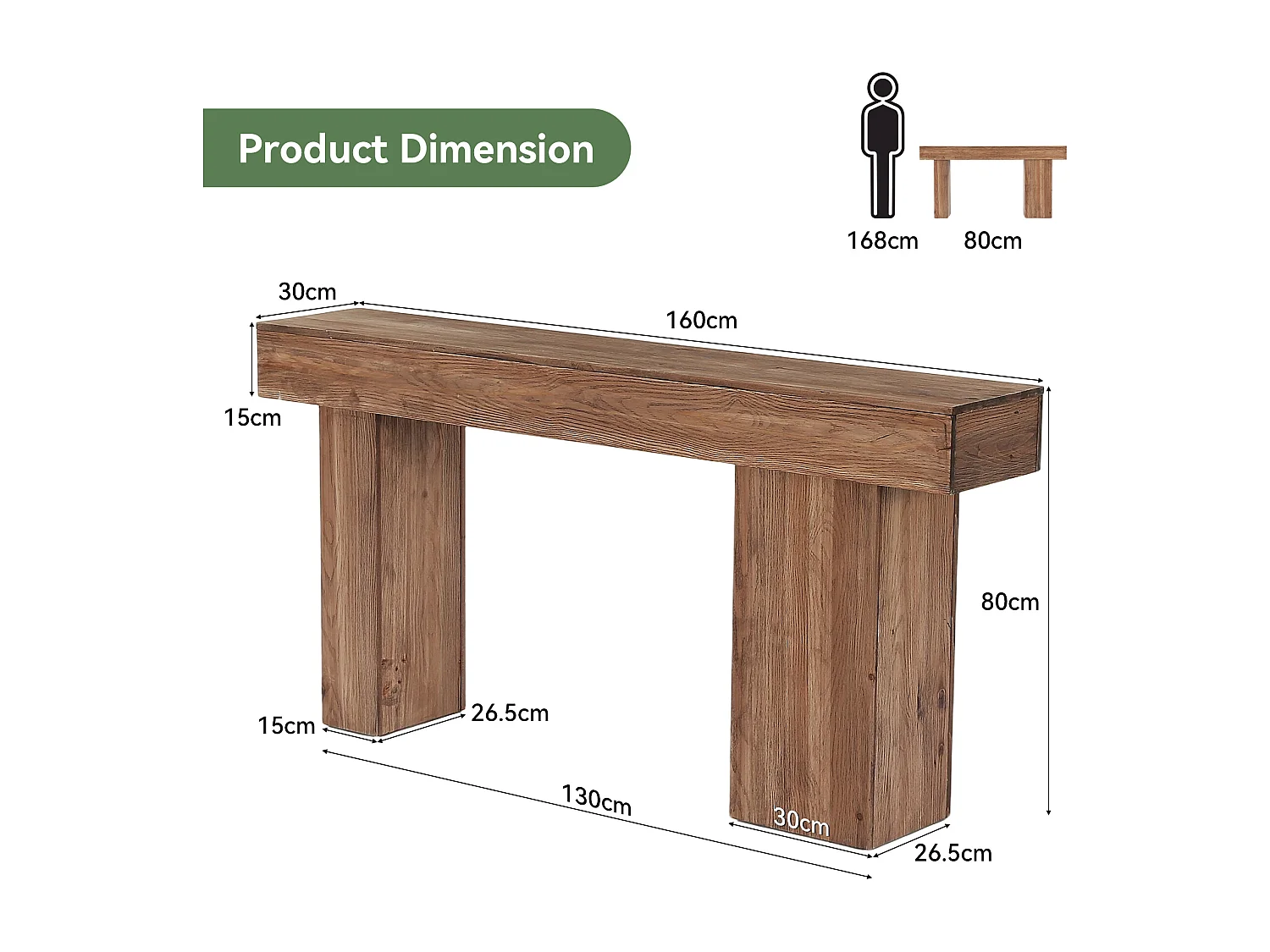 Console en bois massif, table basse de style campagnard de 160 cm avec pieds artistiques, à placer derrière le canapé