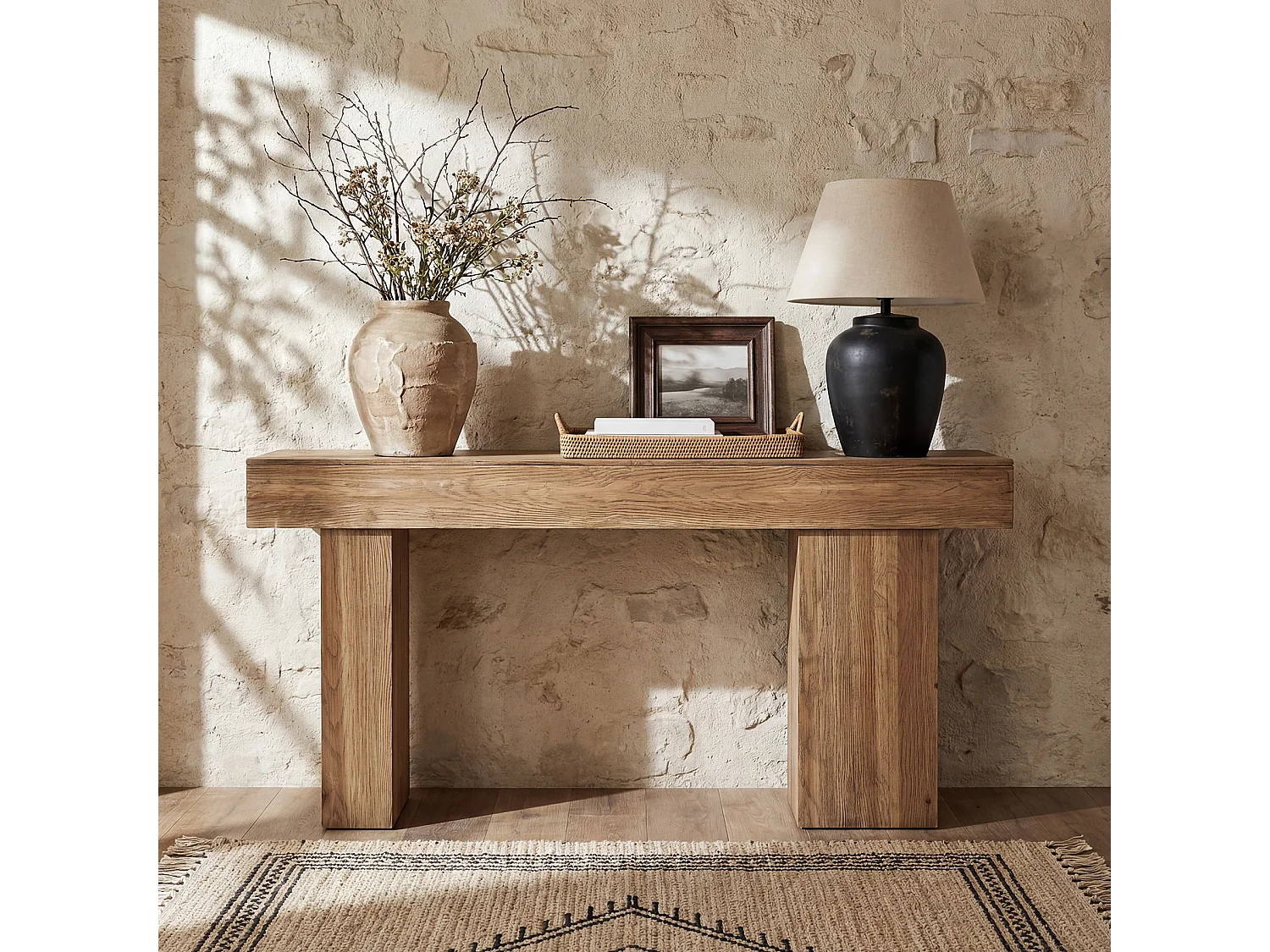 Console en bois massif, table basse de style campagnard de 160 cm avec pieds artistiques, à placer derrière le canapé