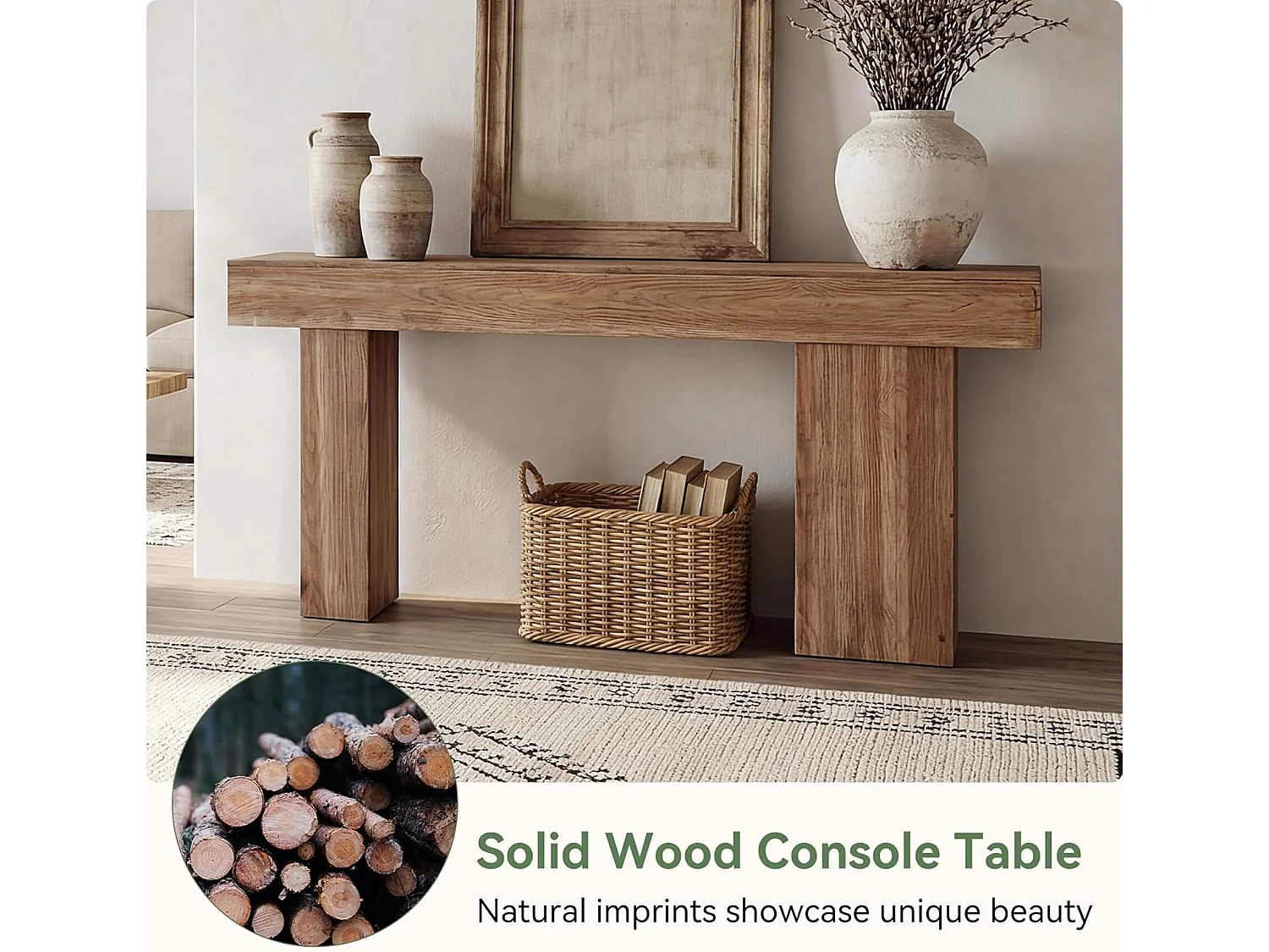 Console en bois massif, table basse de style campagnard de 160 cm avec pieds artistiques, à placer derrière le canapé