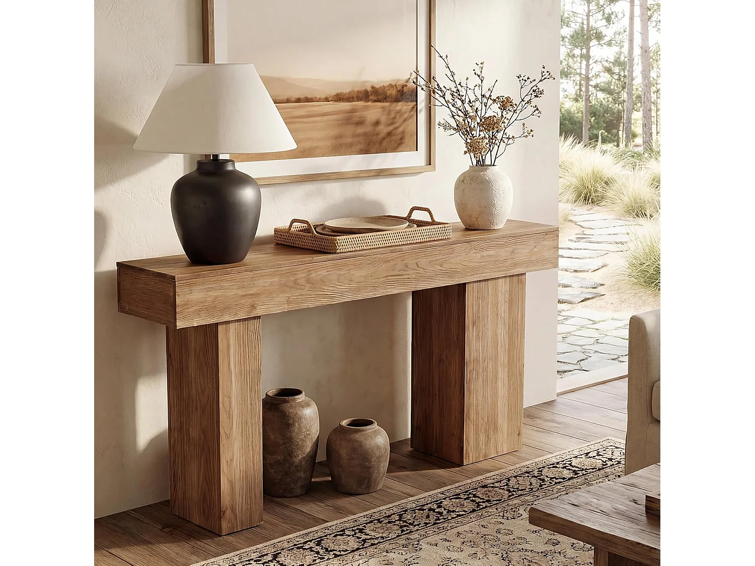 Console en bois massif, table basse de style campagnard de 160 cm avec pieds artistiques, à placer derrière le canapé