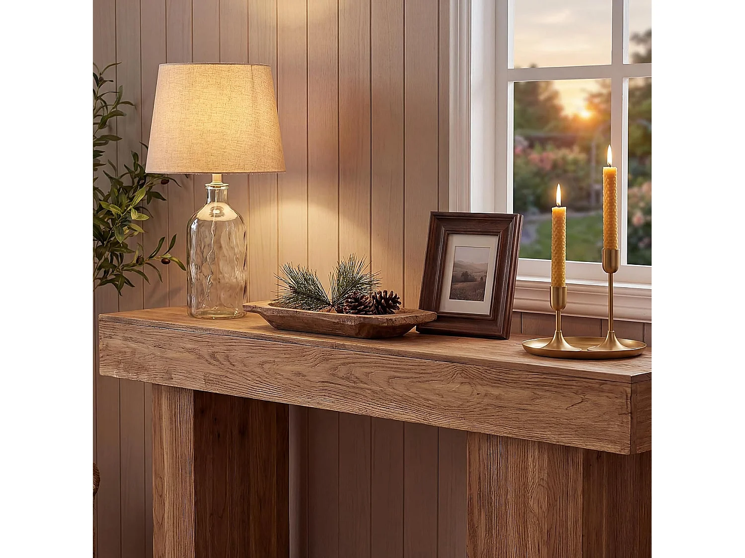 Console en bois massif, table basse de style campagnard de 160 cm avec pieds artistiques, à placer derrière le canapé