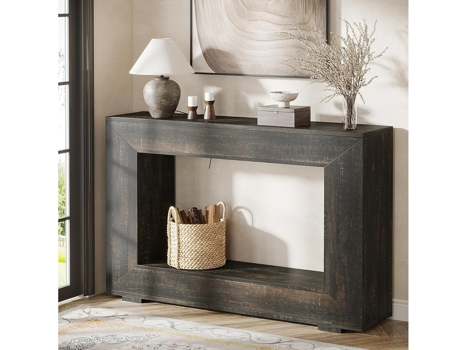 Mesa de Consola de 120cm, Mesa de Sofá com Armazenamento, Mesa Moderna de Entrada para Corredor Preta