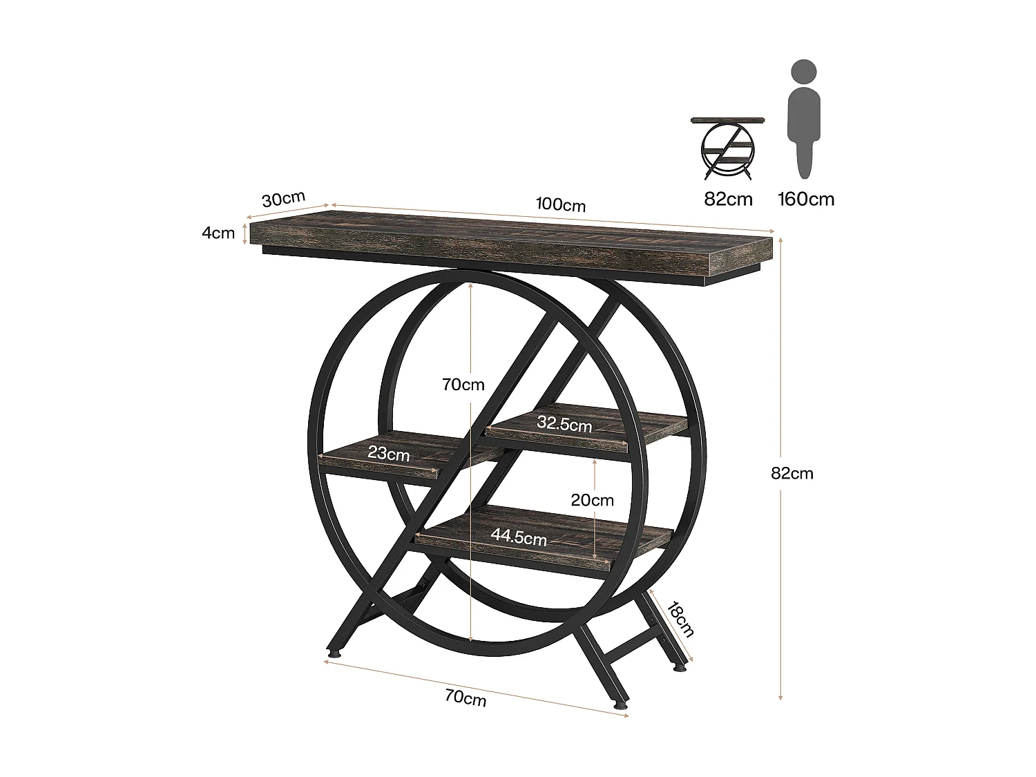 Console à 4 niveaux, table d'entrée de 100 cm avec structure métallique géométrique