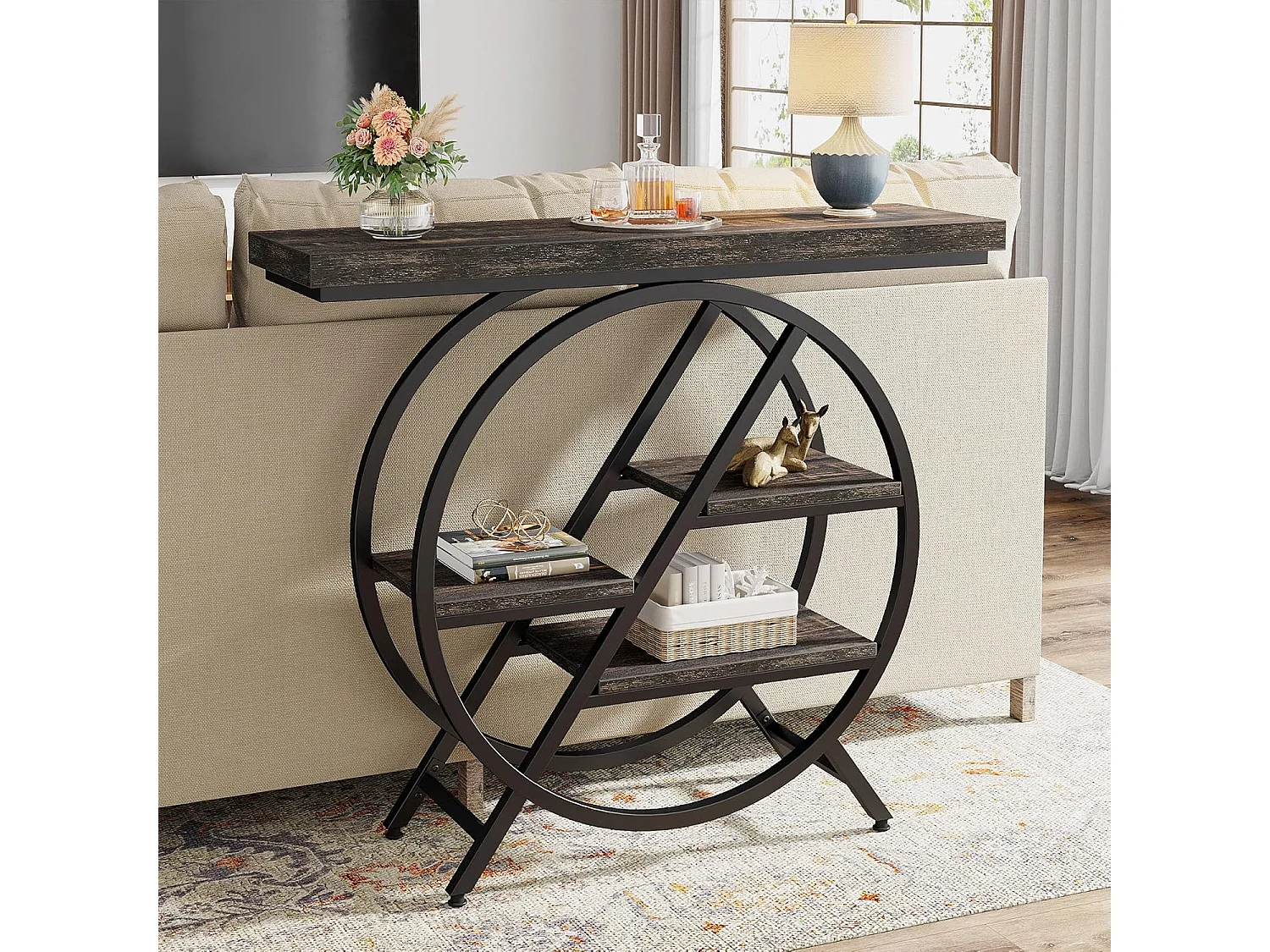 Console à 4 niveaux, table d'entrée de 100 cm avec structure métallique géométrique