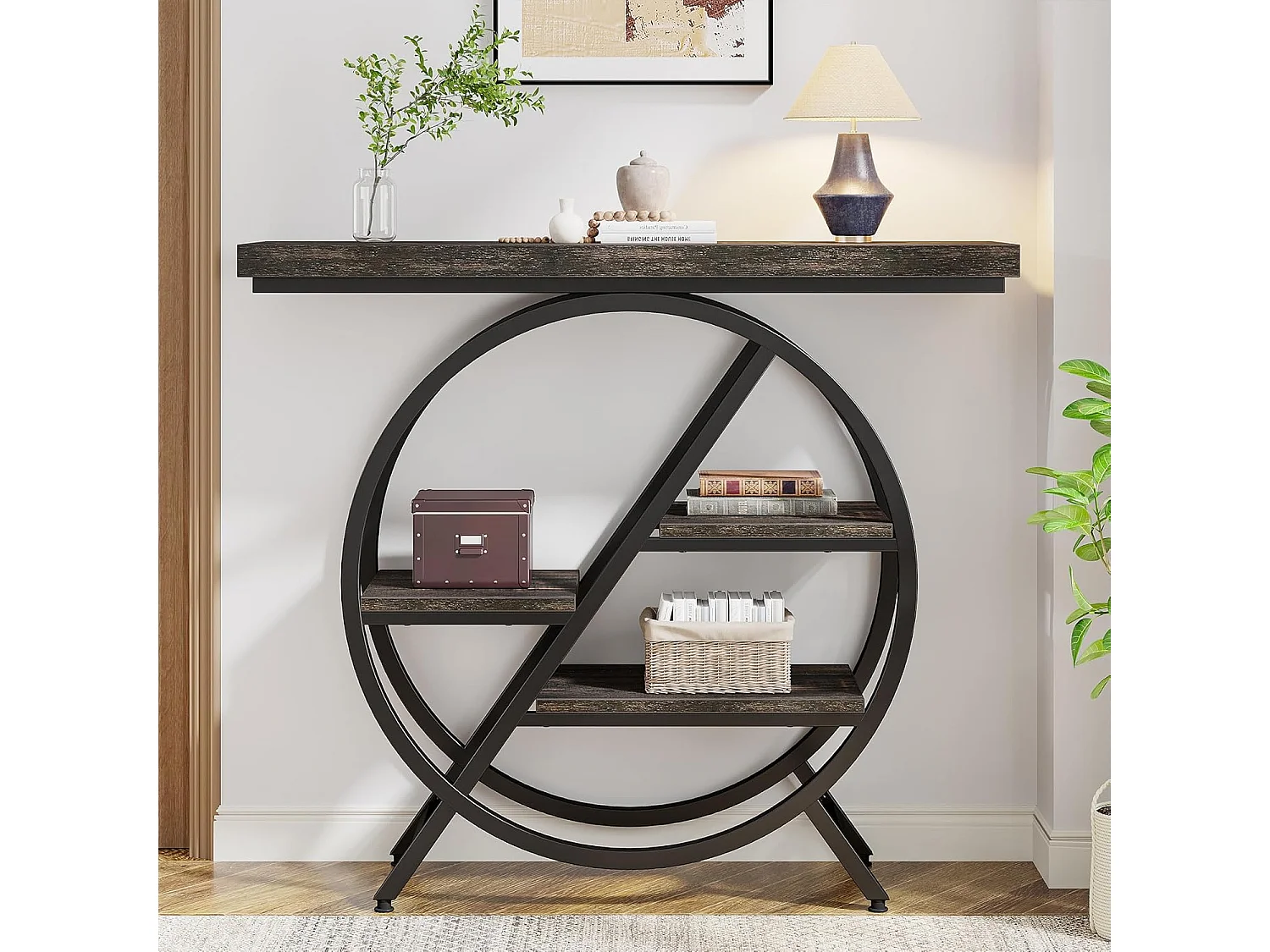 Console à 4 niveaux, table d'entrée de 100 cm avec structure métallique géométrique