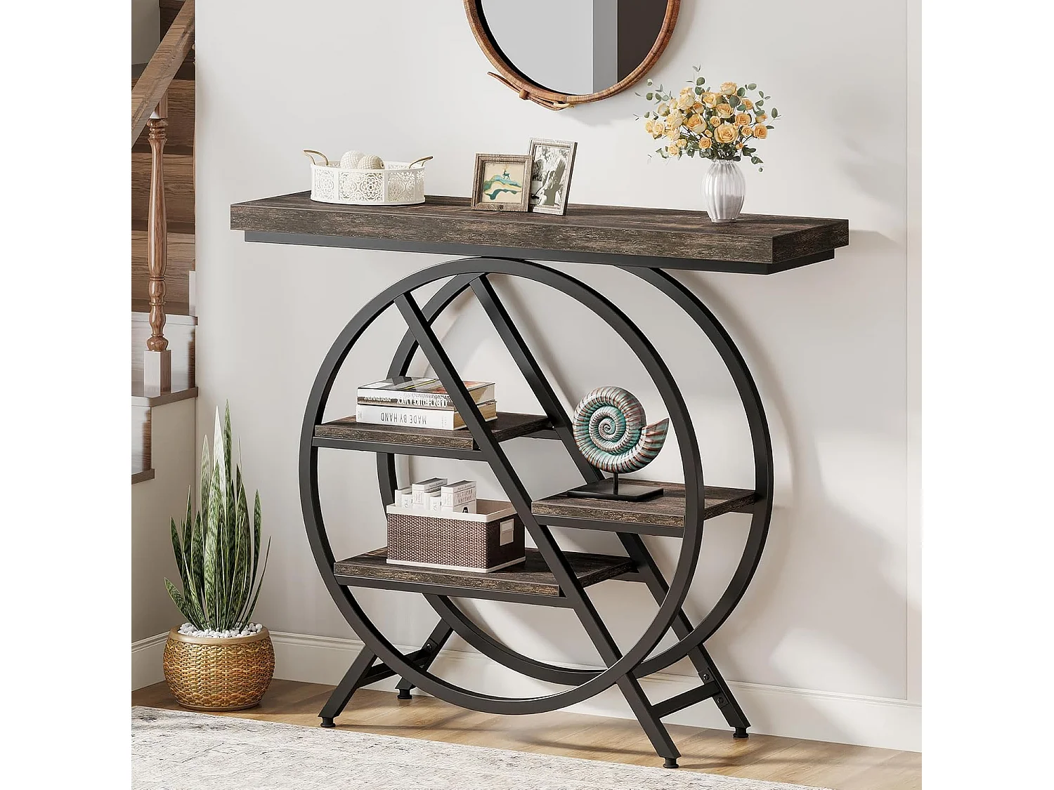 Console à 4 niveaux, table d'entrée de 100 cm avec structure métallique géométrique