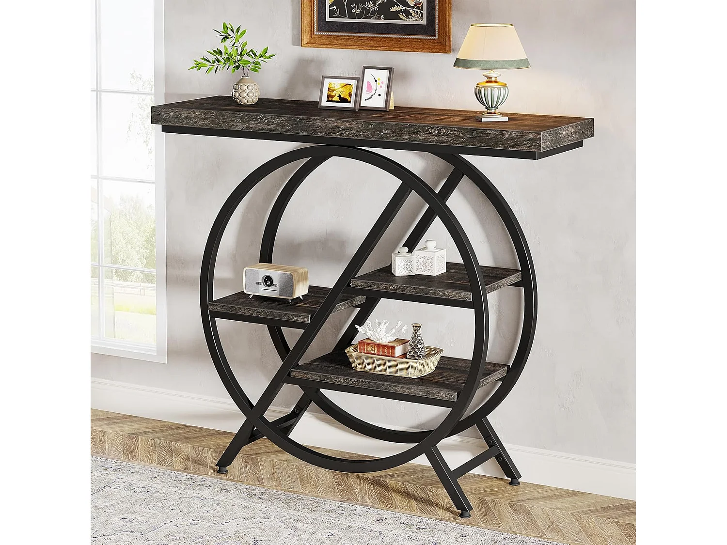 Console à 4 niveaux, table d'entrée de 100 cm avec structure métallique géométrique