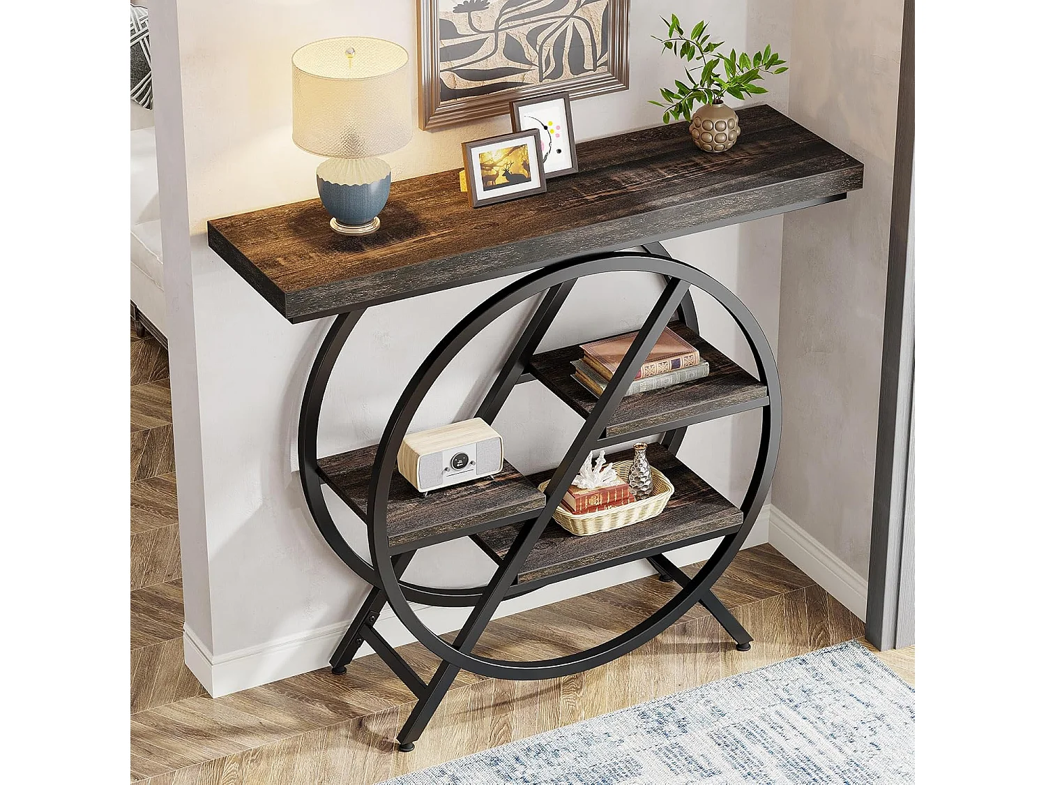 Console à 4 niveaux, table d'entrée de 100 cm avec structure métallique géométrique