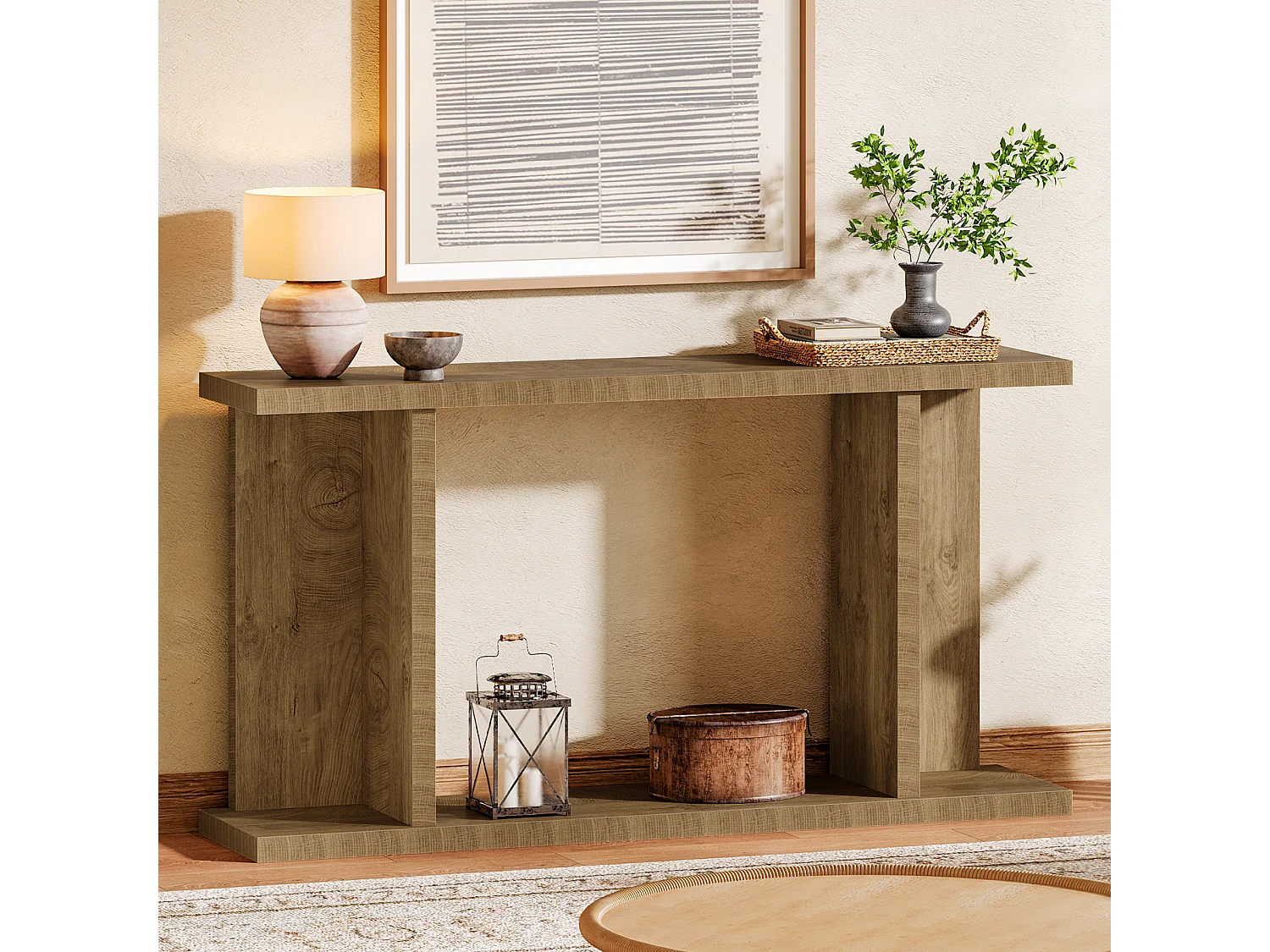 Mesa de Console 160 x 30 x 85 cm Mesa de Sala de Estar com Base em Forma de U 2 Andares