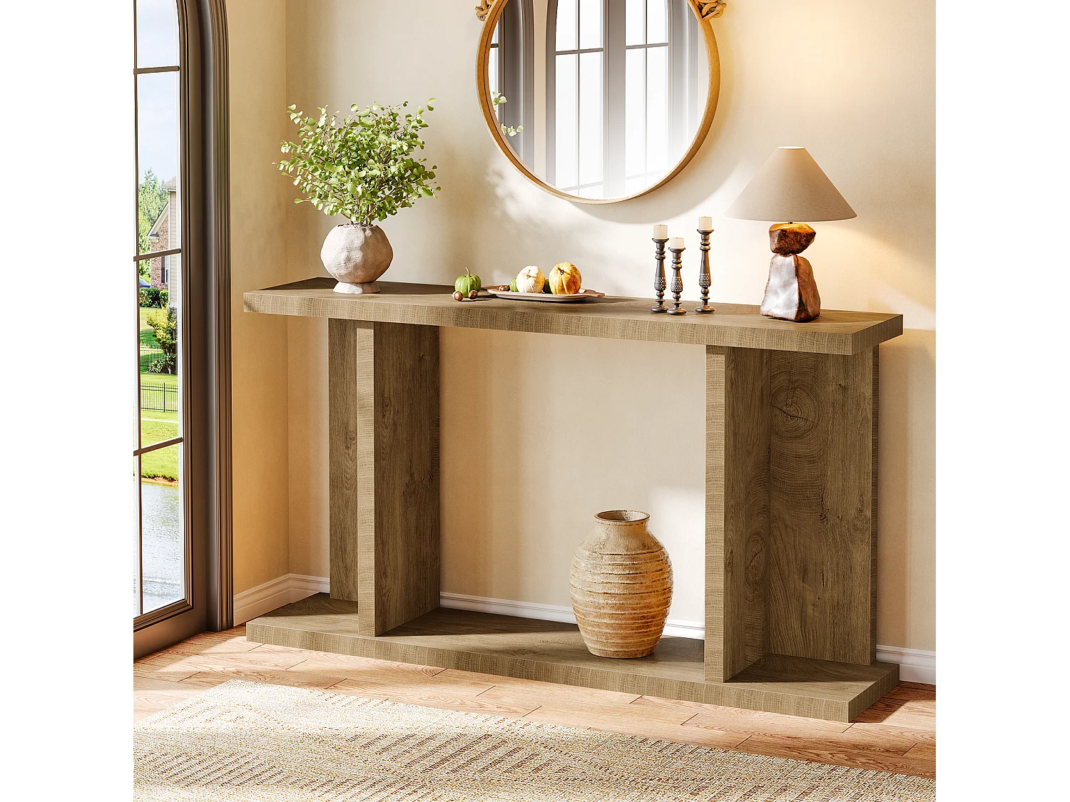 Mesa de Console 160 x 30 x 85 cm Mesa de Sala de Estar com Base em Forma de U 2 Andares