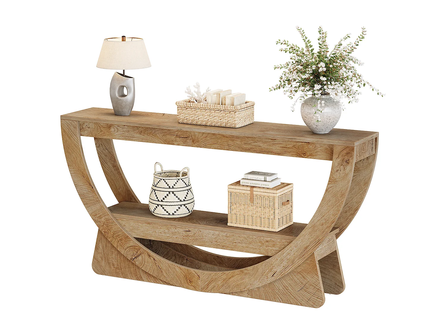 Console de 160 cm de long, table d'entrée de style campagnard avec 2 étagères de rangement