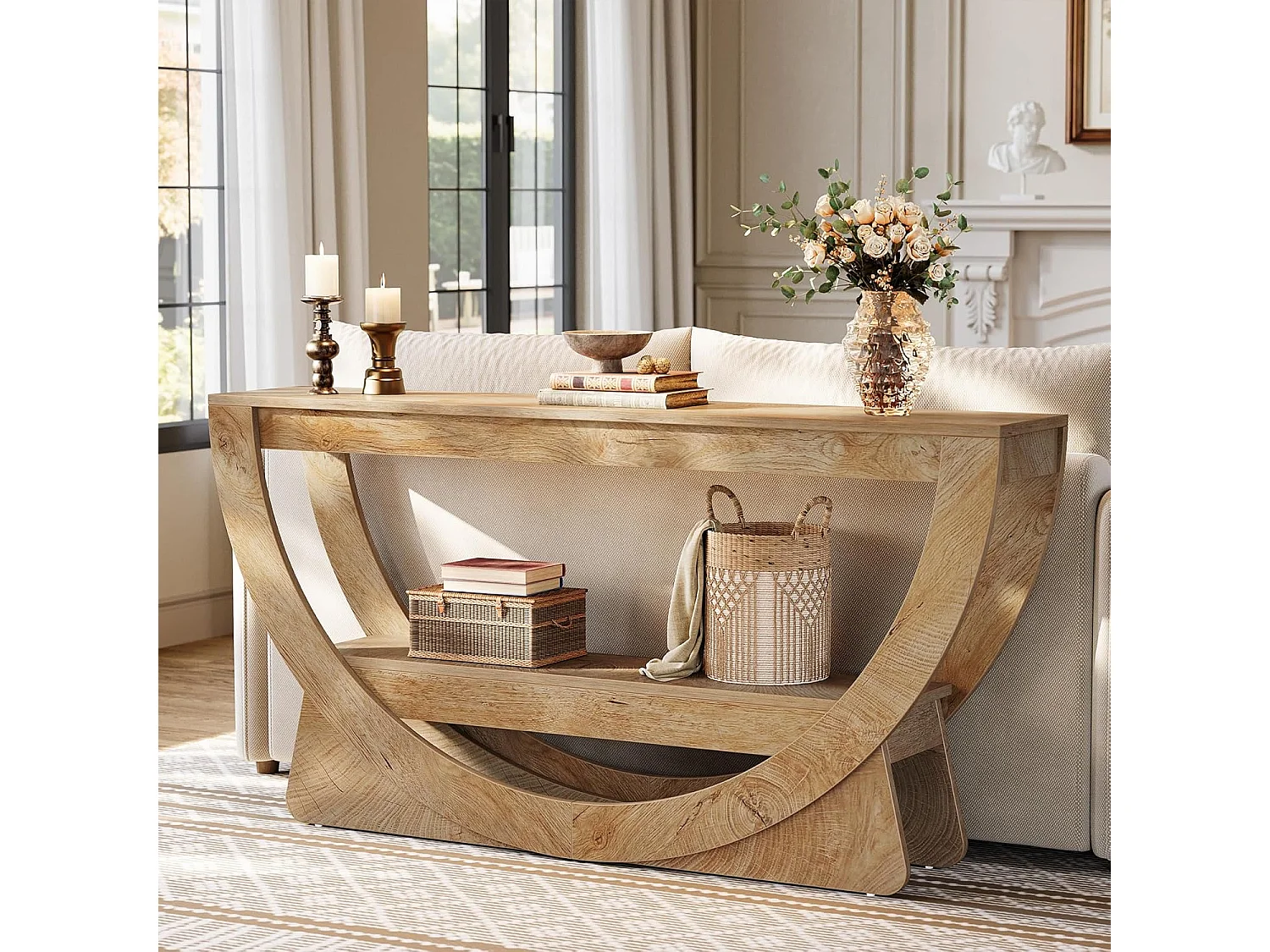 Console de 160 cm de long, table d'entrée de style campagnard avec 2 étagères de rangement