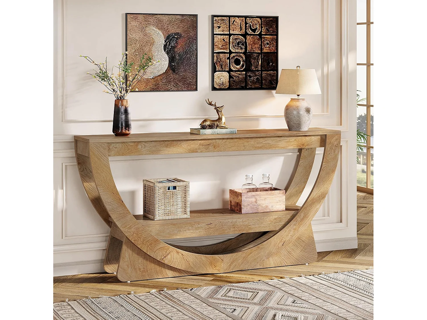 Console de 160 cm de long, table d'entrée de style campagnard avec 2 étagères de rangement