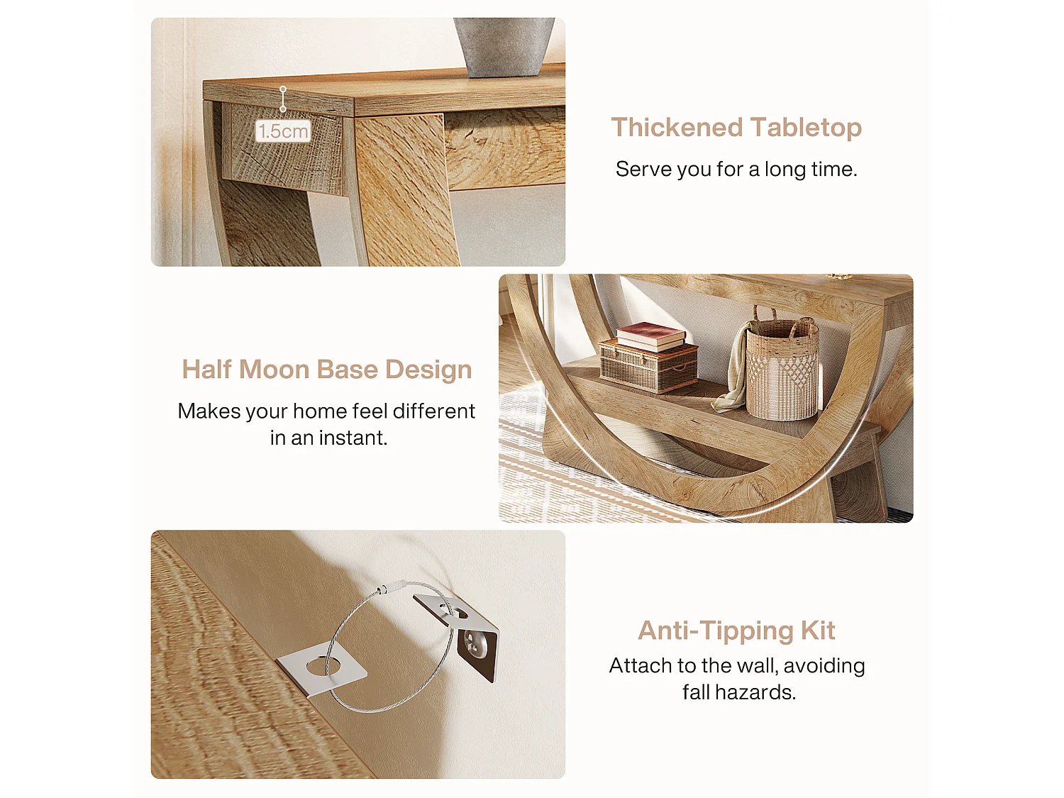 Console de 160 cm de long, table d'entrée de style campagnard avec 2 étagères de rangement