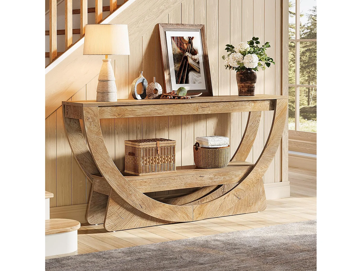 Console de 160 cm de long, table d'entrée de style campagnard avec 2 étagères de rangement