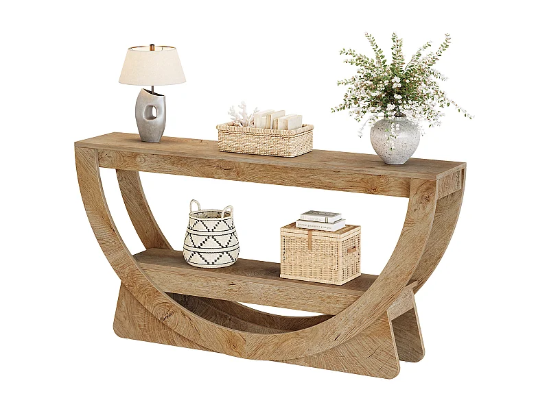 Console de 160 cm de long, table d'entrée de style campagnard avec 2 étagères de rangement