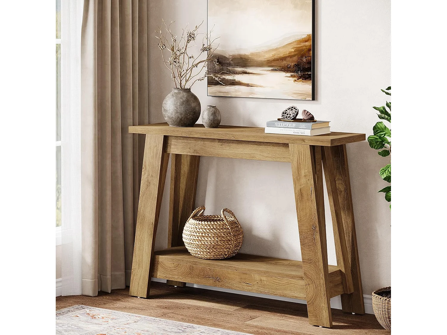 105 cm konsolbord i lantlig stil, entrébord med 2 våningar och förvaring