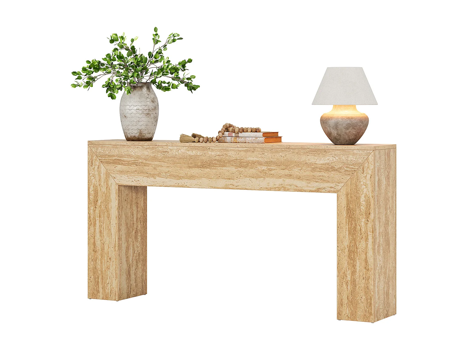 Haltafel van 160 cm, smalle lange consoletafel met imitatie travertin afwerking en stevige poten.