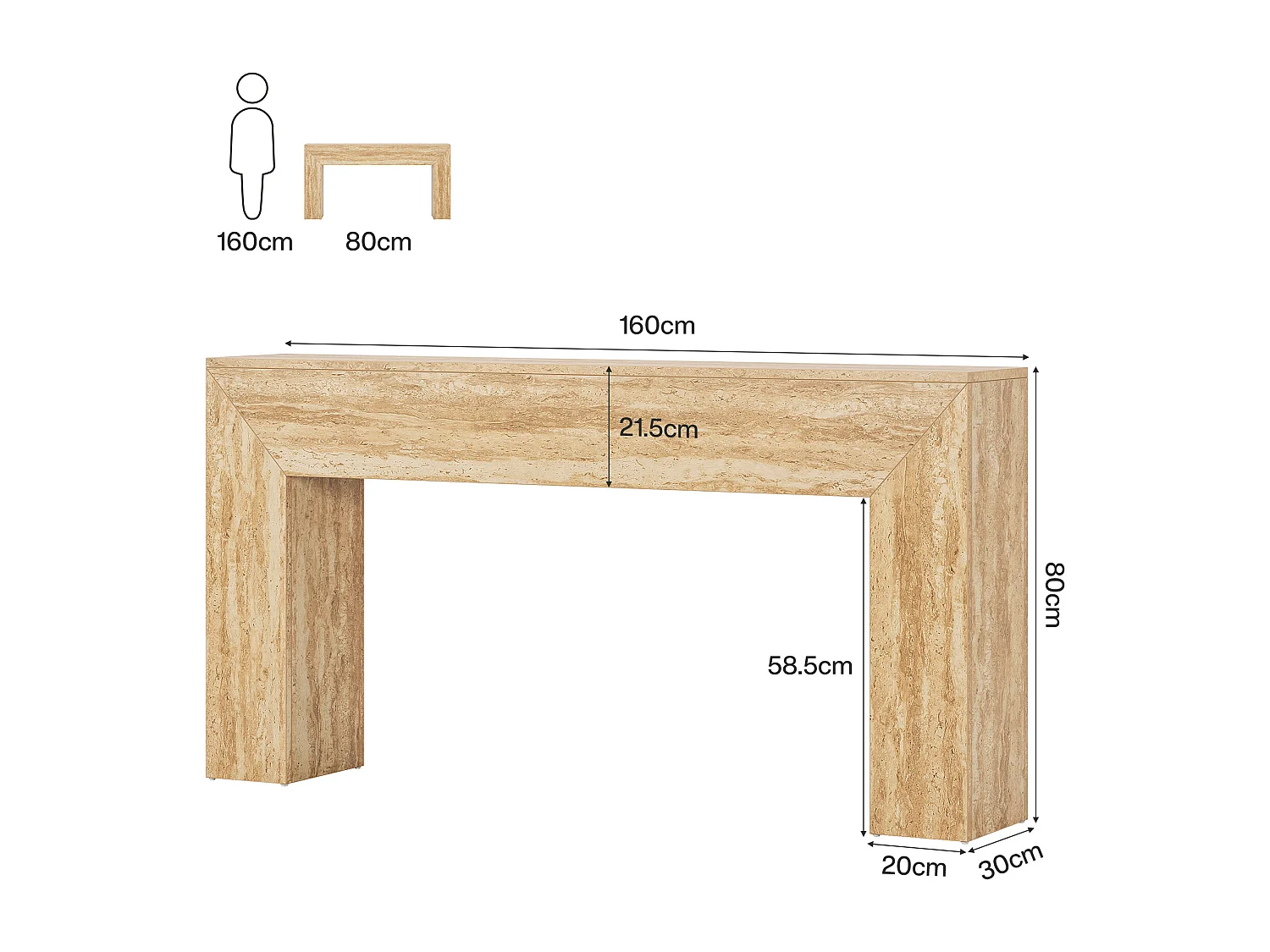 Haltafel van 160 cm, smalle lange consoletafel met imitatie travertin afwerking en stevige poten.