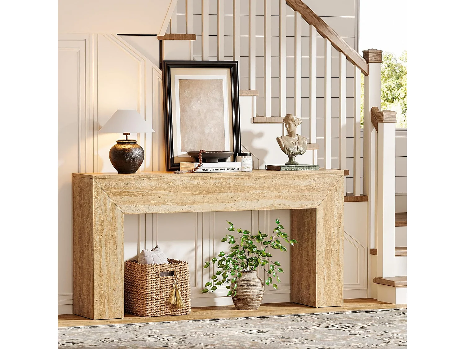 Haltafel van 160 cm, smalle lange consoletafel met imitatie travertin afwerking en stevige poten.