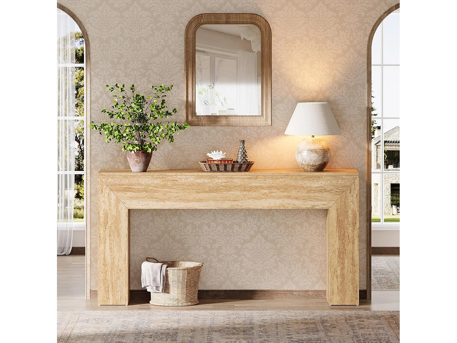 Haltafel van 160 cm, smalle lange consoletafel met imitatie travertin afwerking en stevige poten.