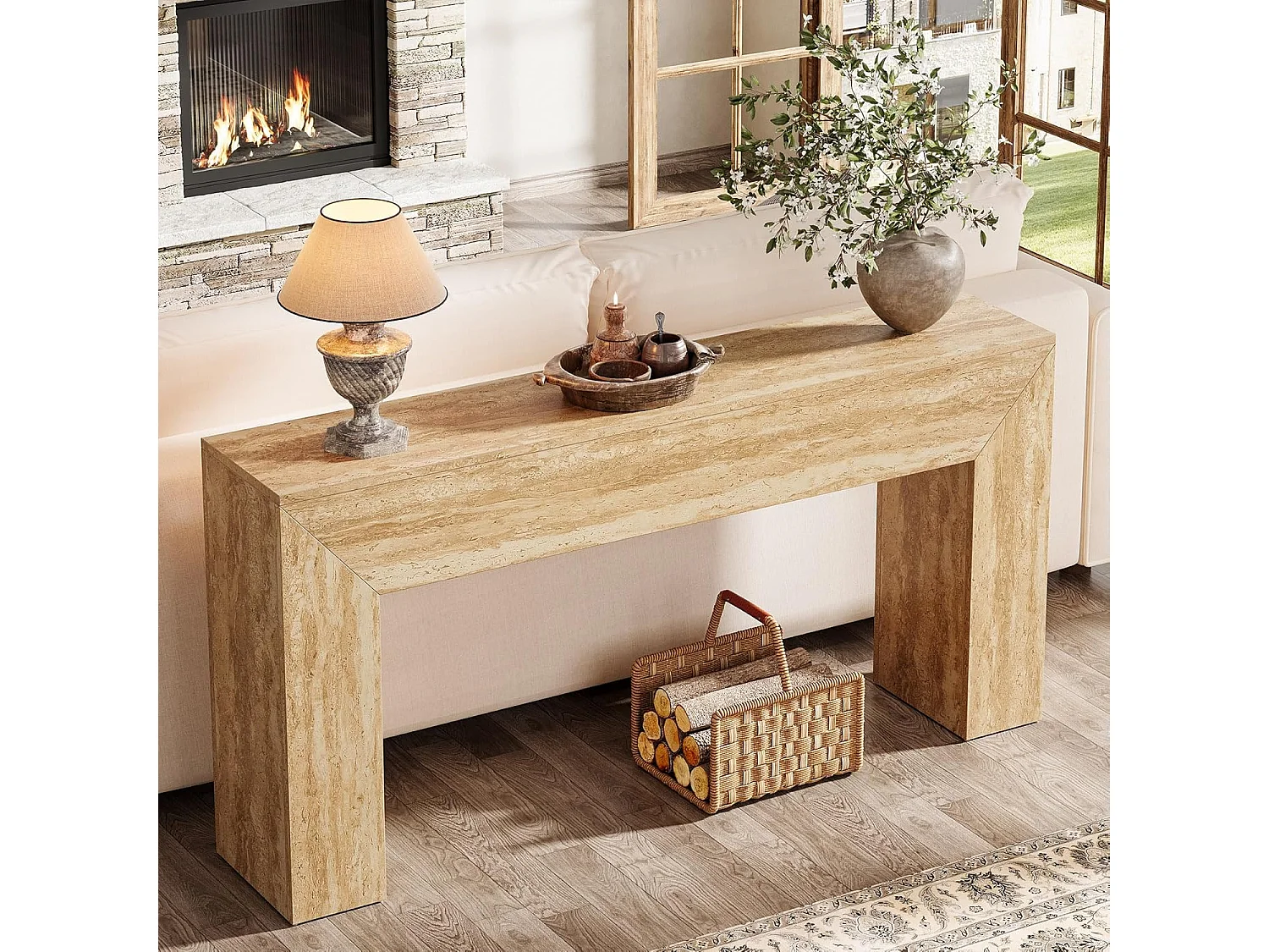 Haltafel van 160 cm, smalle lange consoletafel met imitatie travertin afwerking en stevige poten.