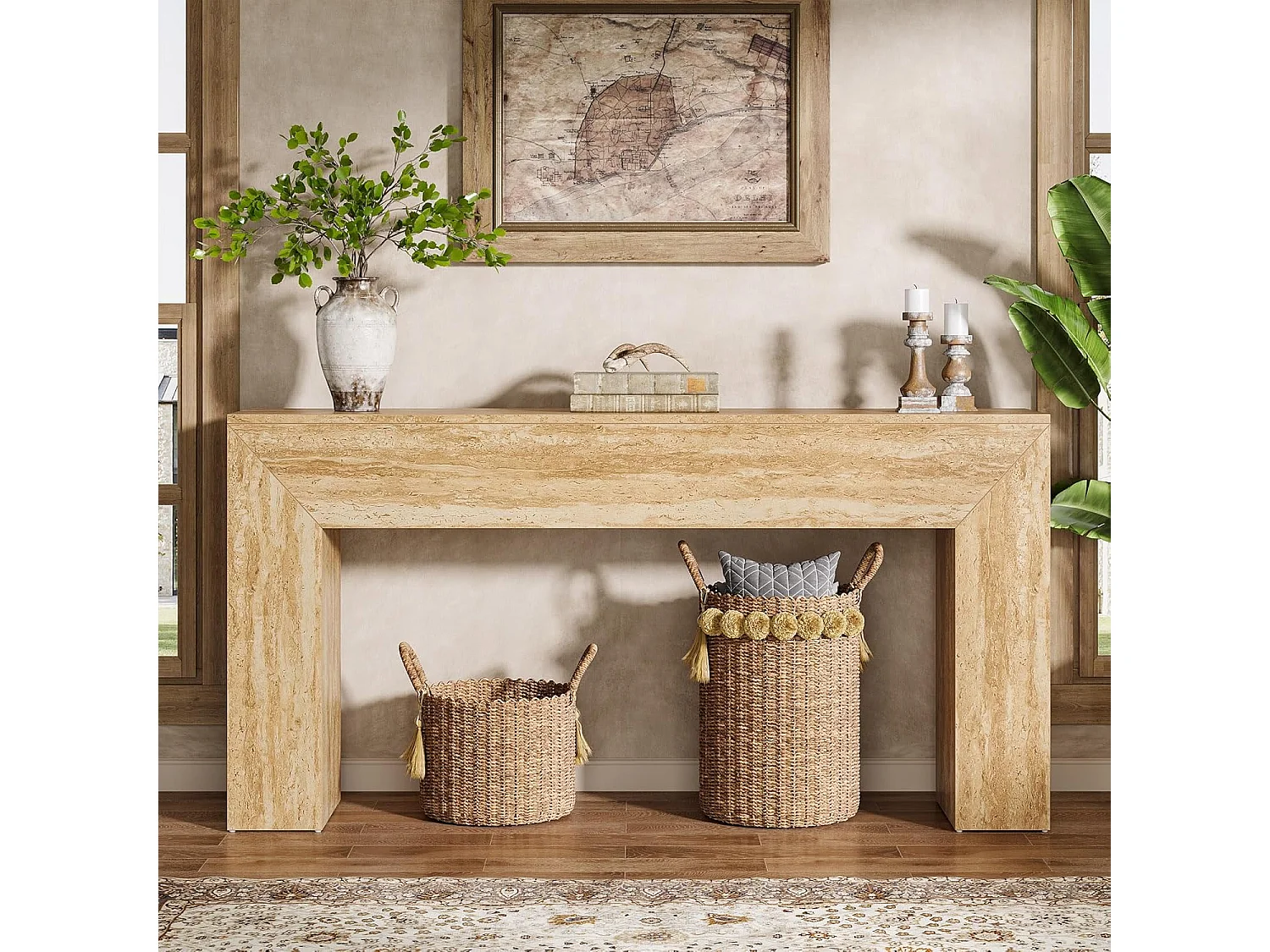 Haltafel van 160 cm, smalle lange consoletafel met imitatie travertin afwerking en stevige poten.