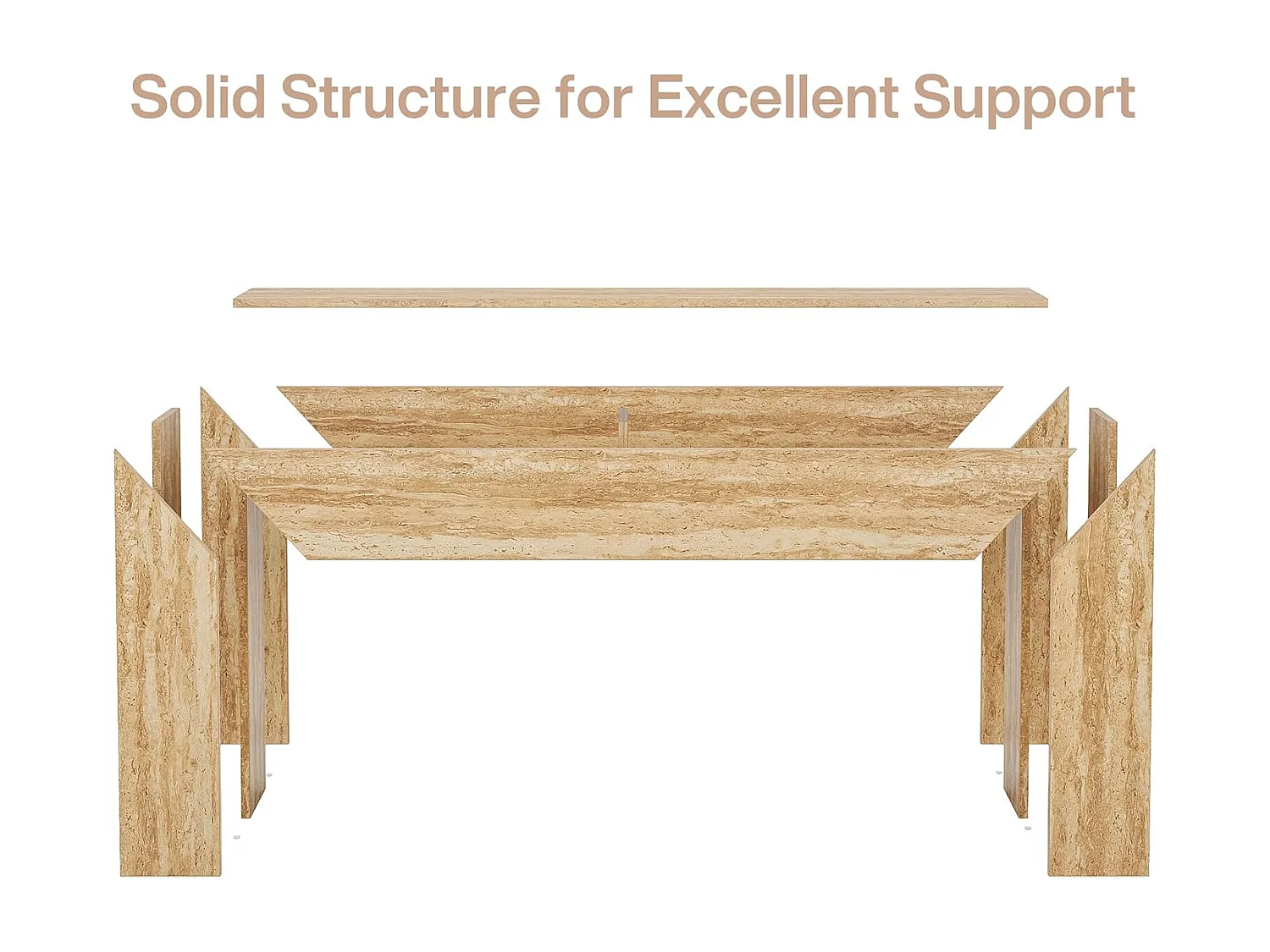 Haltafel van 160 cm, smalle lange consoletafel met imitatie travertin afwerking en stevige poten.