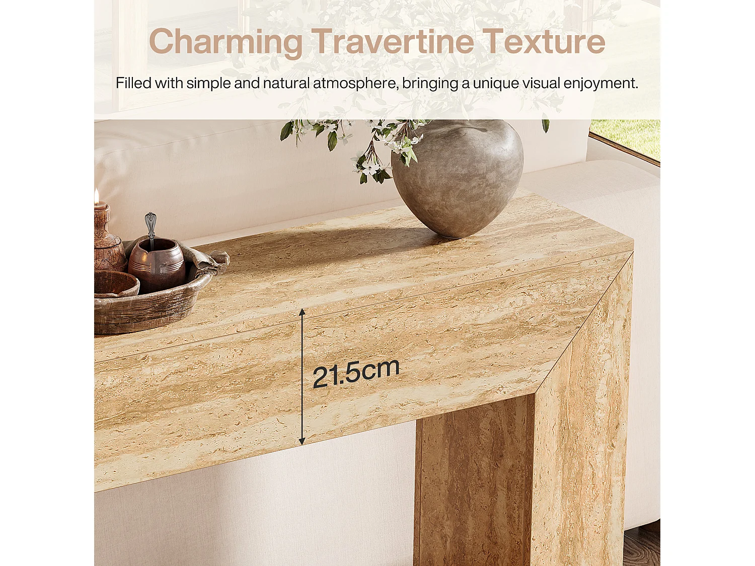 Haltafel van 160 cm, smalle lange consoletafel met imitatie travertin afwerking en stevige poten.