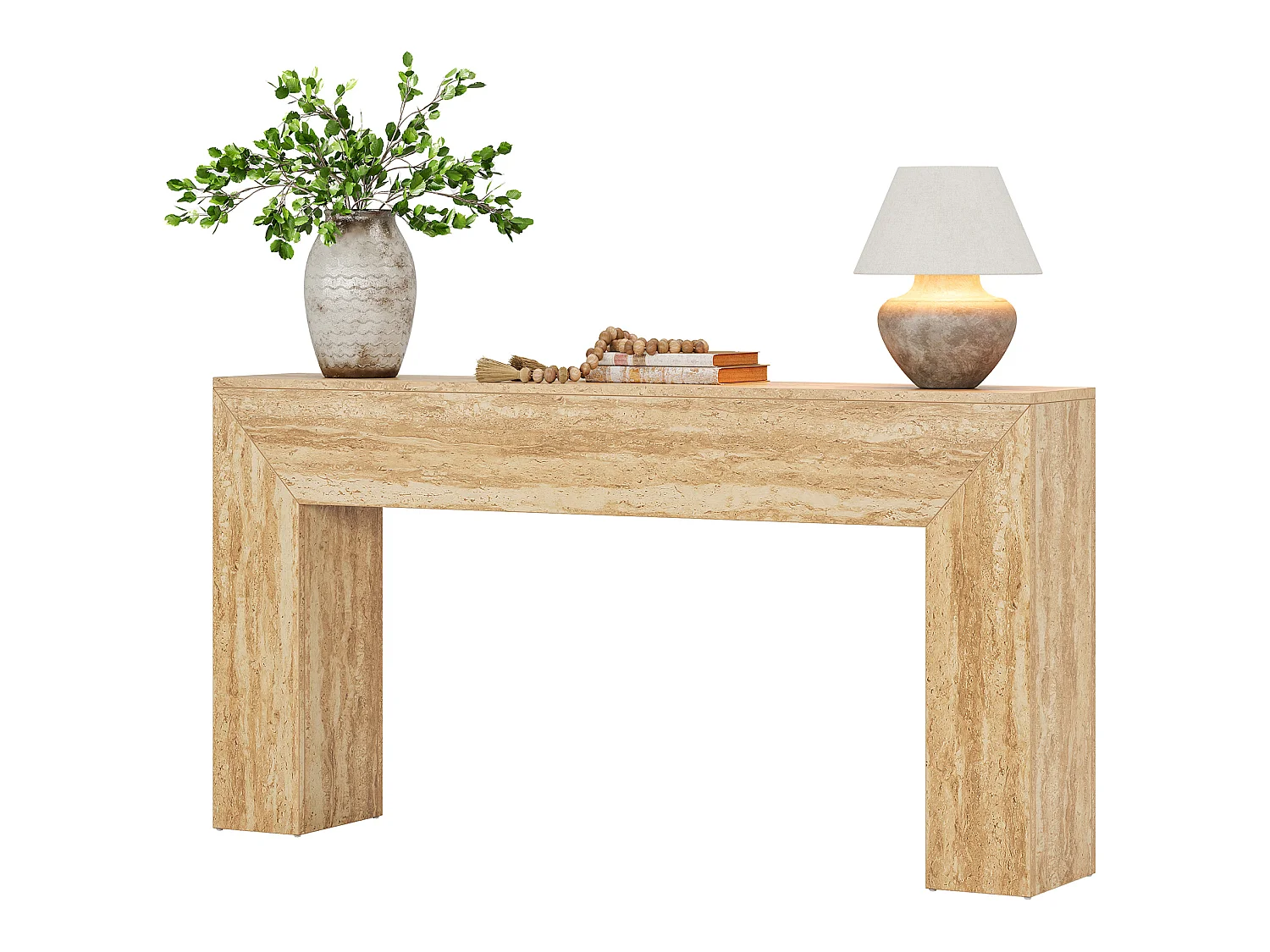 Table d'entrée de 160 cm, console étroite et longue pour canapé avec finition imitation travertin et pieds robustes