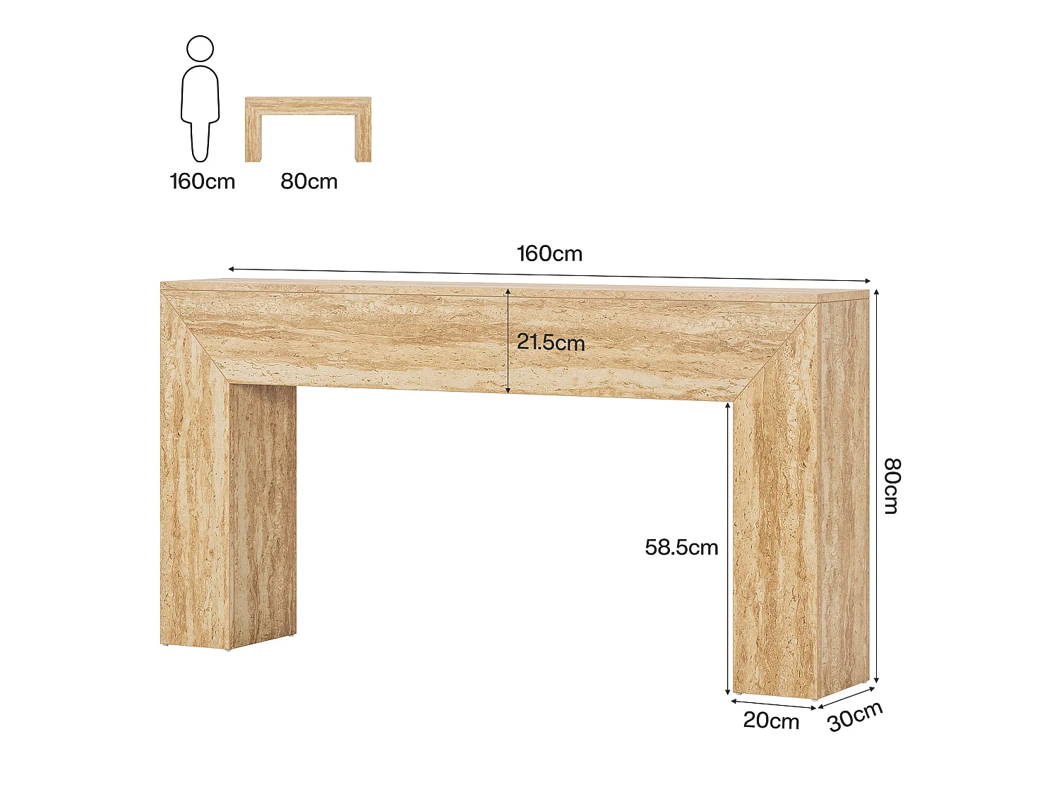 Table d'entrée de 160 cm, console étroite et longue pour canapé avec finition imitation travertin et pieds robustes