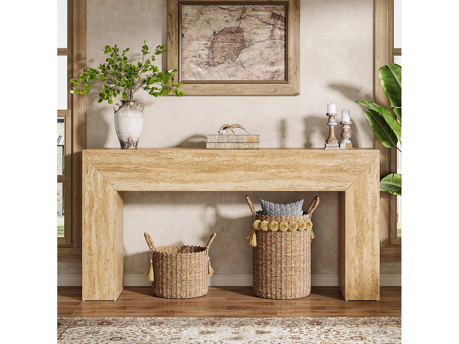 Table d'entrée de 160 cm, console étroite et longue pour canapé avec finition imitation travertin et pieds robustes