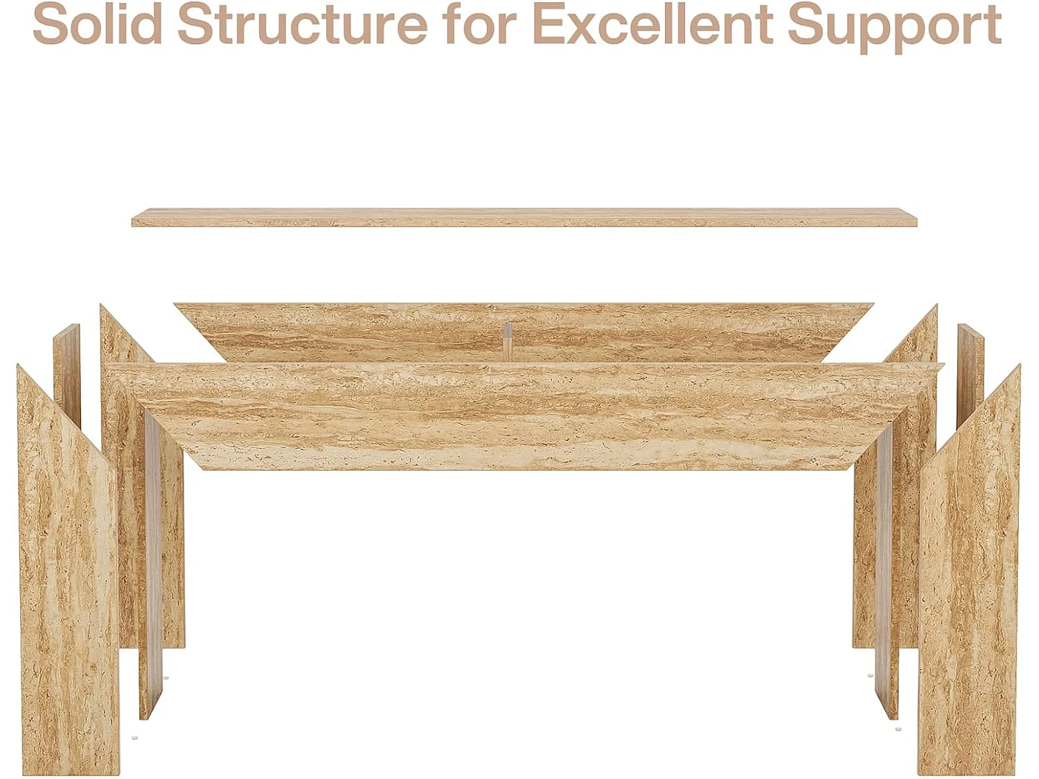 Table d'entrée de 160 cm, console étroite et longue pour canapé avec finition imitation travertin et pieds robustes