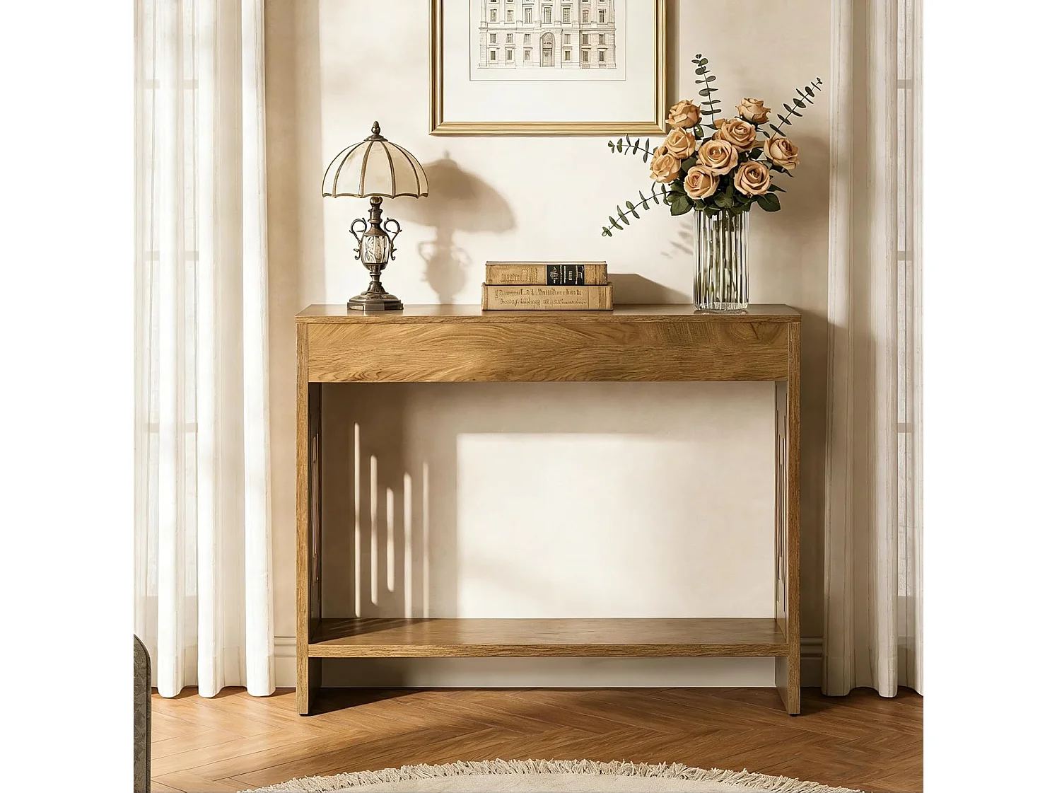 Mesa de Console Tribesigns para Atrás do Sofá 105cm, Mesa Pequena Rustica de 2 Andares com Prateleiras de Armazenamento