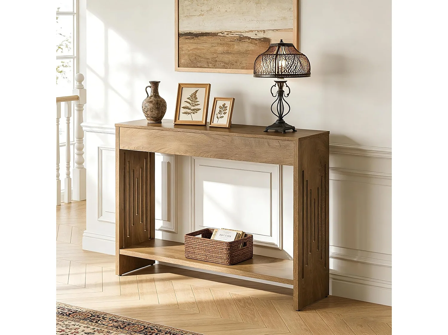 Mesa de Console Tribesigns para Atrás do Sofá 105cm, Mesa Pequena Rustica de 2 Andares com Prateleiras de Armazenamento