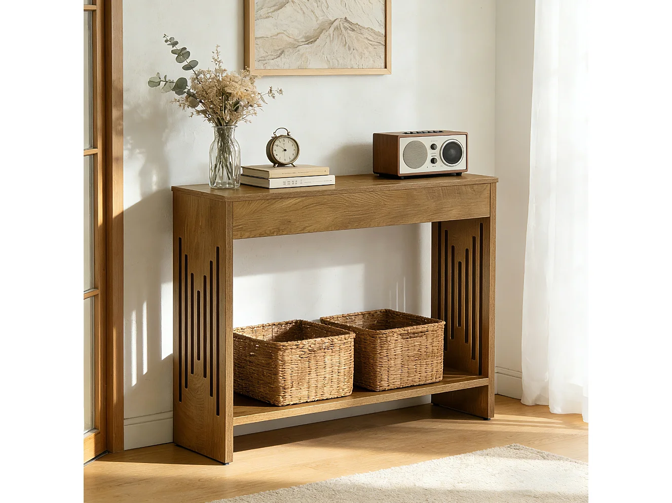 Mesa de Console Tribesigns para Atrás do Sofá 105cm, Mesa Pequena Rustica de 2 Andares com Prateleiras de Armazenamento